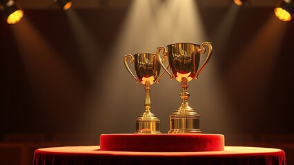 Shining gold trophy on velvet podium under dramatic spotlight at an award ceremony.