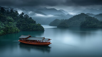 Boat is floating on a lake with mountains in the background. The sky is cloudy, and the water is calm. Concept of tranquility and peacefulness