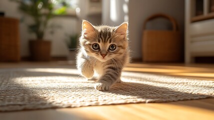 Adorable kitten playing on a beige rug.