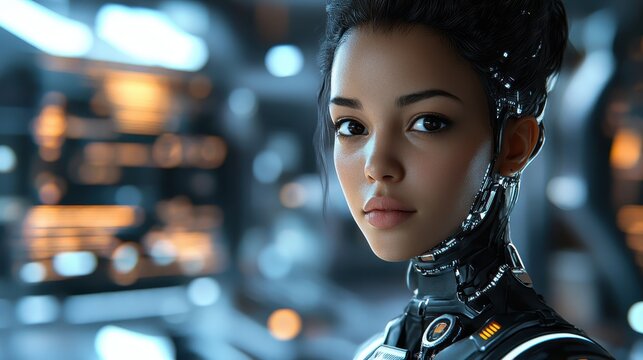 Hyper-realistic android with human facial features. AI-generated.