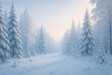 Fototapeta premium Peaceful winter forest landscape with snow-covered trees under soft morning light