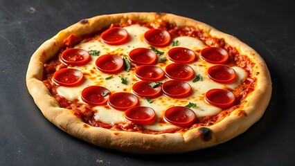 Pepperoni pizza with melted cheese on a dark slate, showcasing delicious comfort food.