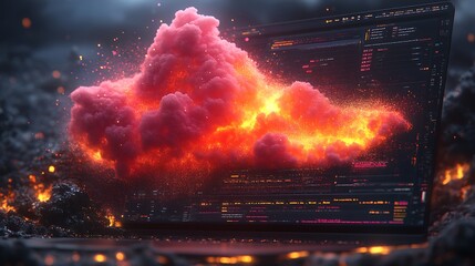 Explosive digital cloud erupts from a laptop screen.