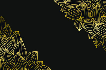 Gold flowers hand drawn botanical isolated on black background.