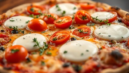 A close-up of vegetarian pizza with cherry tomatoes, melted mozzarella, and fresh oregano garnish.
