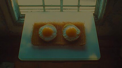 Two fried eggs resting on a light-colored surface.