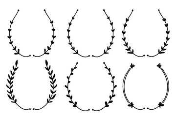 Hand drawn black floral and laurel wreath semicircle collection.