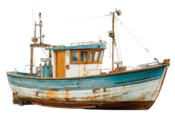Rustic fishing boat with chipped paint and weathered appearance against black background, fishing boat, boat, rusty, texture, ship, sea, nautical, transport, vessel, marine, old, vintage, weathered, a