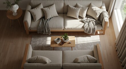 Top View Cozy Minimalist Scandinavian Living Room with Wood Furniture AI Generative