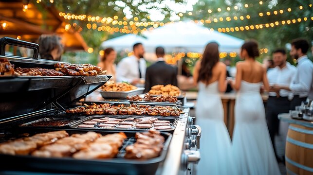 Outdoor catered barbecue with wedding guests.