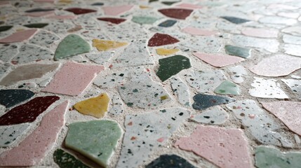 Obraz premium Terrazzo Floor Tile Close Up with Pink, Green, and Yellow Fragments