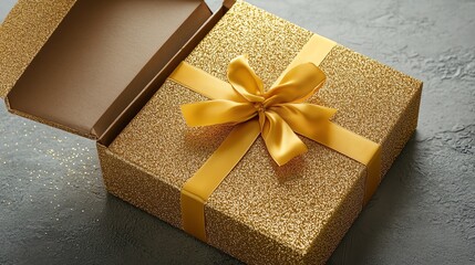 Open Gold Glitter Gift Box with Yellow Ribbon on Gray Background