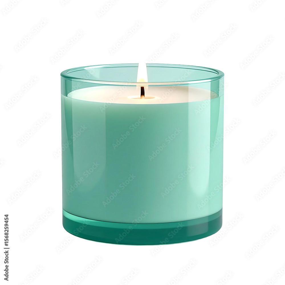 Poster Mint Wax Candle with Soft Flame in Clear Round Container on Transparent Background