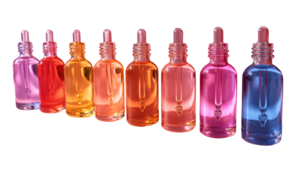 Translucent dropper bottles in radiant rainbow hues & ideal for cosmetic product mockups and branding visuals. Transparent PNG. 