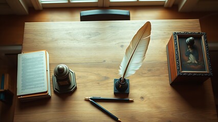 A vintage wooden desk featuring a feather quill and inkwell, illuminated by soft diffused natural light.