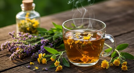 Steaming Herbal Tea Cup with Fresh Flowers and Herbs in Warm Morning Light AI Generative
