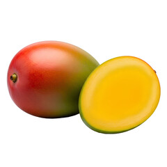 Fresh, juicy yellow mango and red apples on a white background with vibrant green leaves