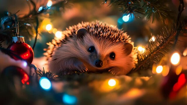 A cute hedgehog nestled in holiday lights and ornaments.