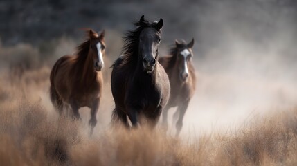 Wild horses running across a meadow