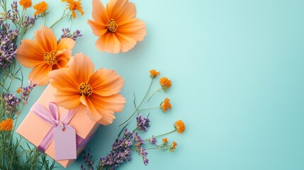 Obraz premium Orange Cosmos Flowers with Pink Gift and Lavender Tag on Light Blue Background