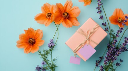 Orange Cosmos Flowers with Pink Gift and Lavender Tag on Light Blue Background