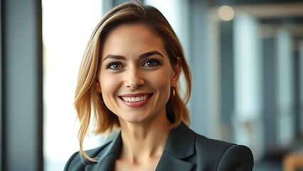 Confident businesswoman in professional attire, standing by a boardroom window with soft office background.
