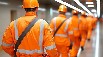 Workers in bright orange safety suits walking in a tunnel.