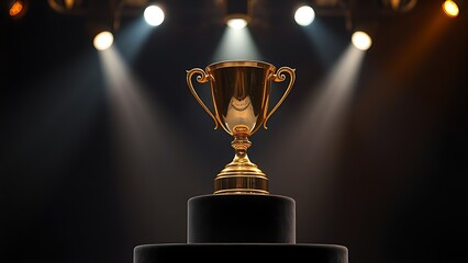 Shining gold trophy on a dark velvet pedestal with dramatic spotlight and elegant atmosphere.