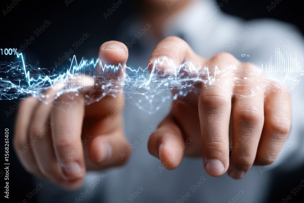 Poster manipulating digital data visualization with hands near a glowing interface