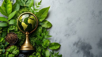 A globe sits amidst lush greenery on a textured surface.