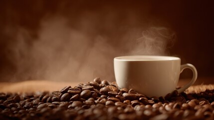 Steaming white coffee cup with spilled roasted beans, evoking warmth and rich aroma of freshly brewed coffee.
