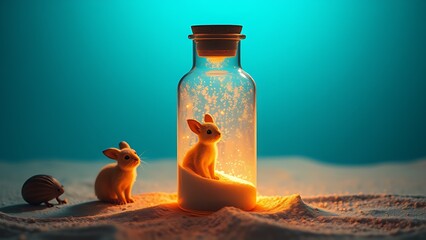 Glowing pill bottle overflowing with hourglass sand and young animals