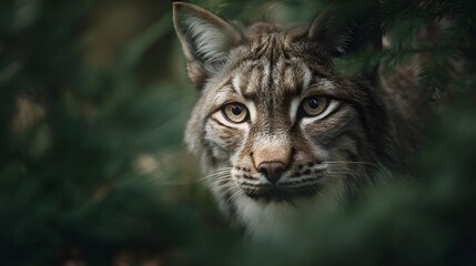 Fototapeta premium Lynx intently peering through foliage in a forest setting