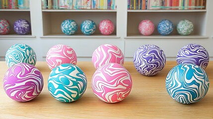 Colorful patterned balls arranged on a light-colored wooden surface.