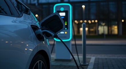 Electric Car Charging at Modern Urban Station with Futuristic Design AI Generative