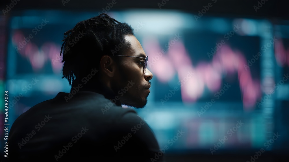 Poster a trader intently watching real time financial data on a large screen