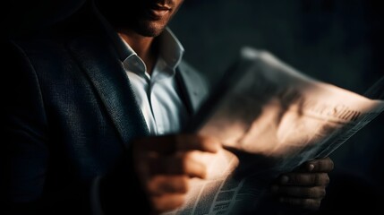Focused businessman reading investment newspaper with intense concent n