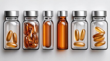 Glass Bottles with Capsules and Liquid on White Background