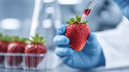 researcher injecting strawberry with gene-editing solution, fruit biotechnology lab