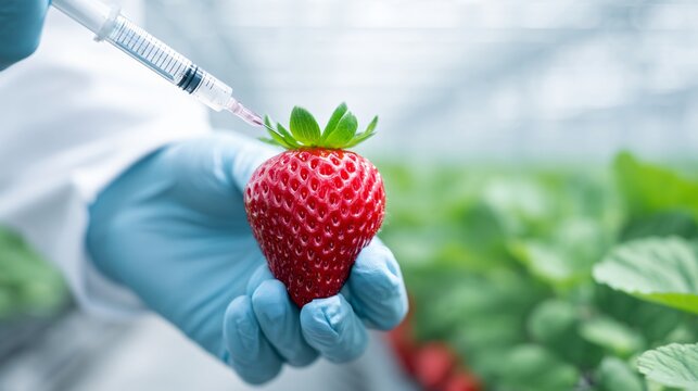 researcher injecting strawberry with gene-editing solution, fruit biotechnology lab