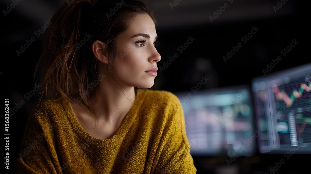 Poster woman analyzes options on multiple monitors in a focused workspace setting