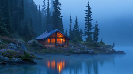 A serene cabin nestled on a tranquil lake shore, bathed in the soft glow of twilight.