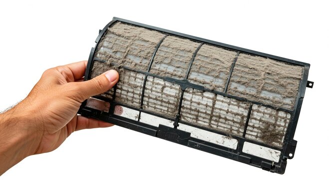 Hand holding a dirty air conditioner filter against a white background view