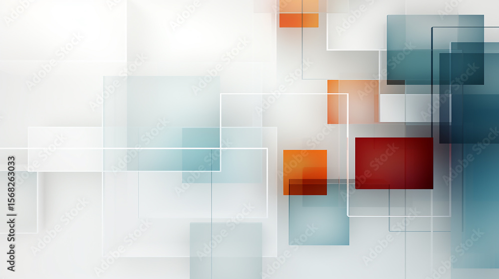 Poster abstract background overlapping translucent squares light gray white teal orange red geometric patte