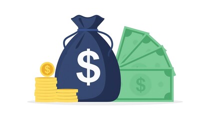 Flat Illustration of Money Bag with Dollar Sign, Banknotes, and Gold Coins