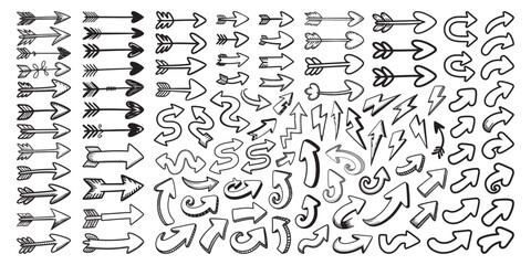 Arrows doodle silhouette set, Hand-drawn arrows vector, Set of different arrow sketch vector, Arrows collection vector illustration