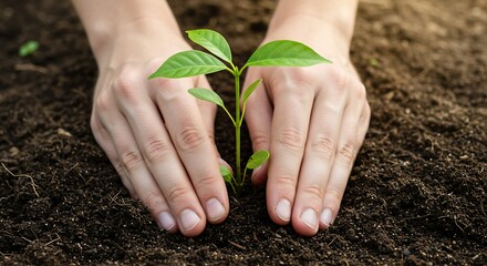Detailed Close-Up of Hands Planting Tree Seedling in Fertile Soil, Rich Earth Texture, Bright Natural Light, Sustainability Concept, AI Generative