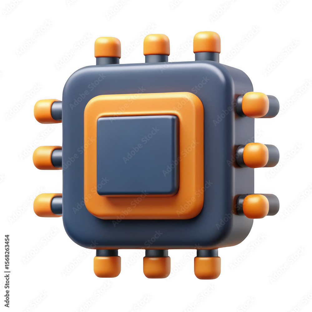 Poster 3d microchip processor with orange pins isolated on transparent background