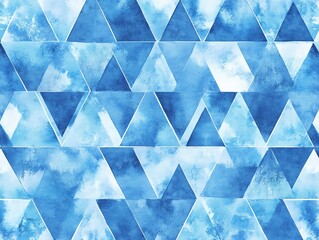 Sky blue watercolor triangles seamless repeat regular pattern Tiny textured triangle, pyramid geometric shapes with watercolour stains Geometrical vector hand drawn background