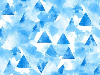 Sky blue watercolor triangles seamless repeat regular pattern Tiny textured triangle, pyramid geometric shapes with watercolour stains Geometrical vector hand drawn background